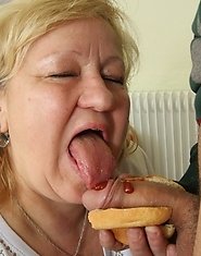 The fat blonde mature gets sexed up by his dick and she takes his cum on her face